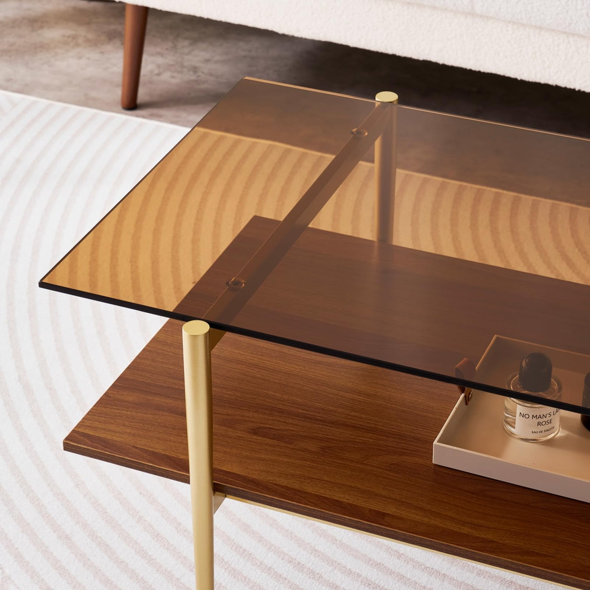 LumFurn Rectangle Coffee Table, Mid-Century Modern Design, L41 W21 x H17, for Living Room, 2-Tier Structure, Amber Glass Top and Walnut MDF Shelf, Sleek Conical Metal Legs with Gold Finish LumFurn