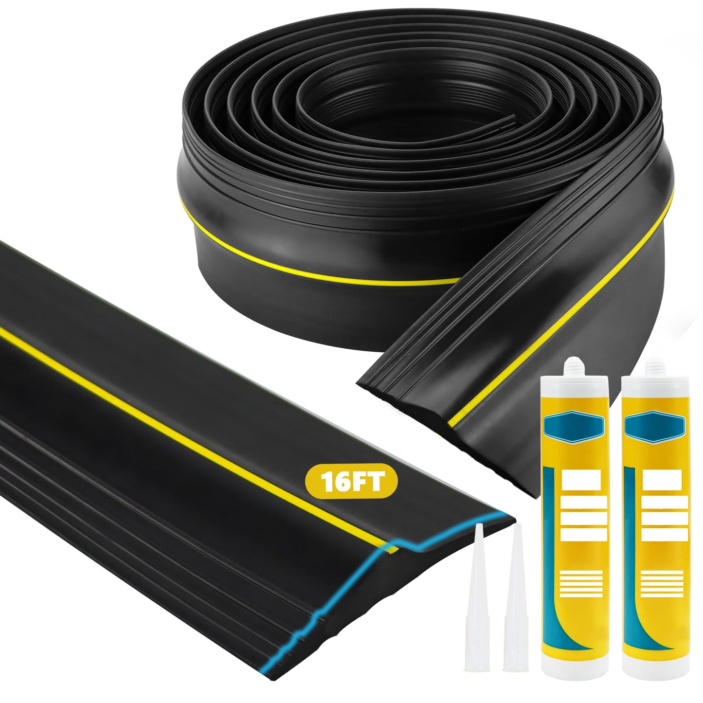 Universal Garage Door Seals Bottom Rubber Kit, Garage Door Threshold Seal Replacement, Garage Door Threshold Strip with 300ml Black Adhesives.(Black, 16FT) - WoodArtSupply