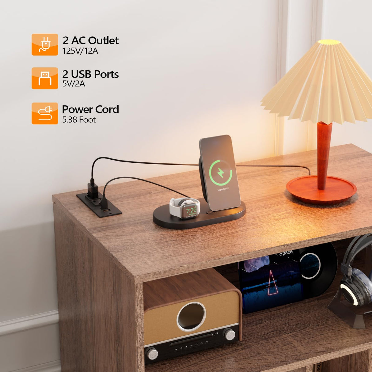 VINGLI Record Player Stand with Open Vinyl Storage, Mid-Century Album Storage Table with LED Light up to 300 Albums, Vinyl Record Player Shelf with Power Outlet for Living Room, Walnut VINGLI