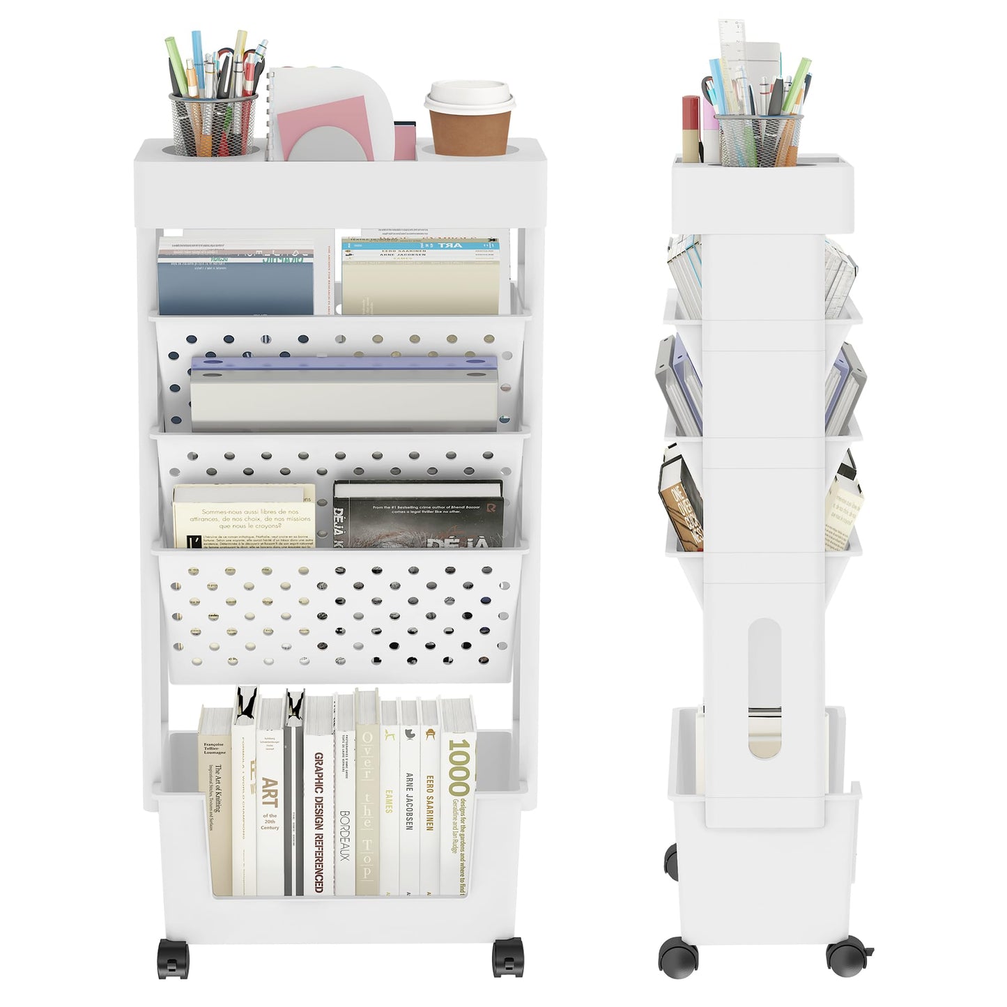 YEMUNY 5 Tier Rolling Utility Cart Multi-Functional Movable Storage Book Shelves with Lockable Casters for Study Office Kitchen Classroom, White - WoodArtSupply