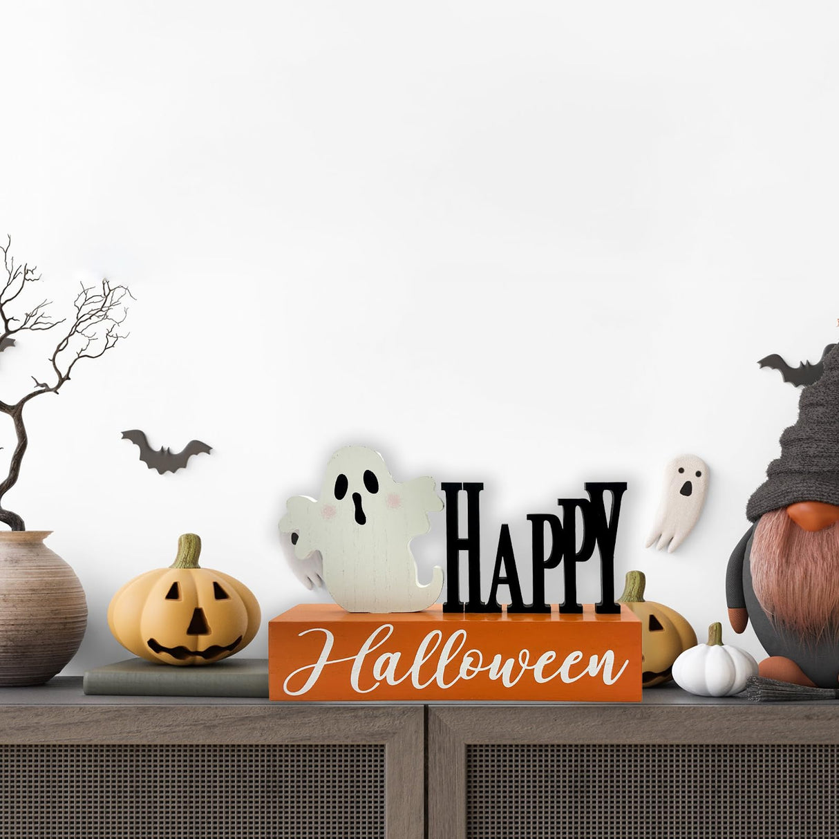 Halloween Decorations Indoor Happy Halloween Sign Ghost Wooden Block Rustic Farmhouse Home Table Top Decor for Fireplace Tier Tray Mantle Haunted House Shelf Eternhome