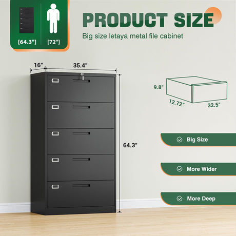 Letaya 5 Drawer File Cabinet with Lock,Metal Lateral Filing Cabinets for Home Office Hanging Files Letter/Legal/F4/A4 Size(Black-Requires Installation) Letaya