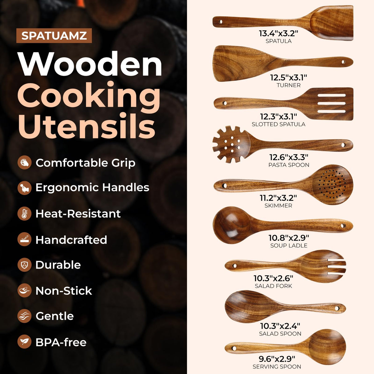 Natural Teak Wooden Kitchen Utensil Set, Handmade Wooden Utensils for Cooking, Premium Wooden Spoon and Spatula Set for Any Kitchen SPATUAMZ