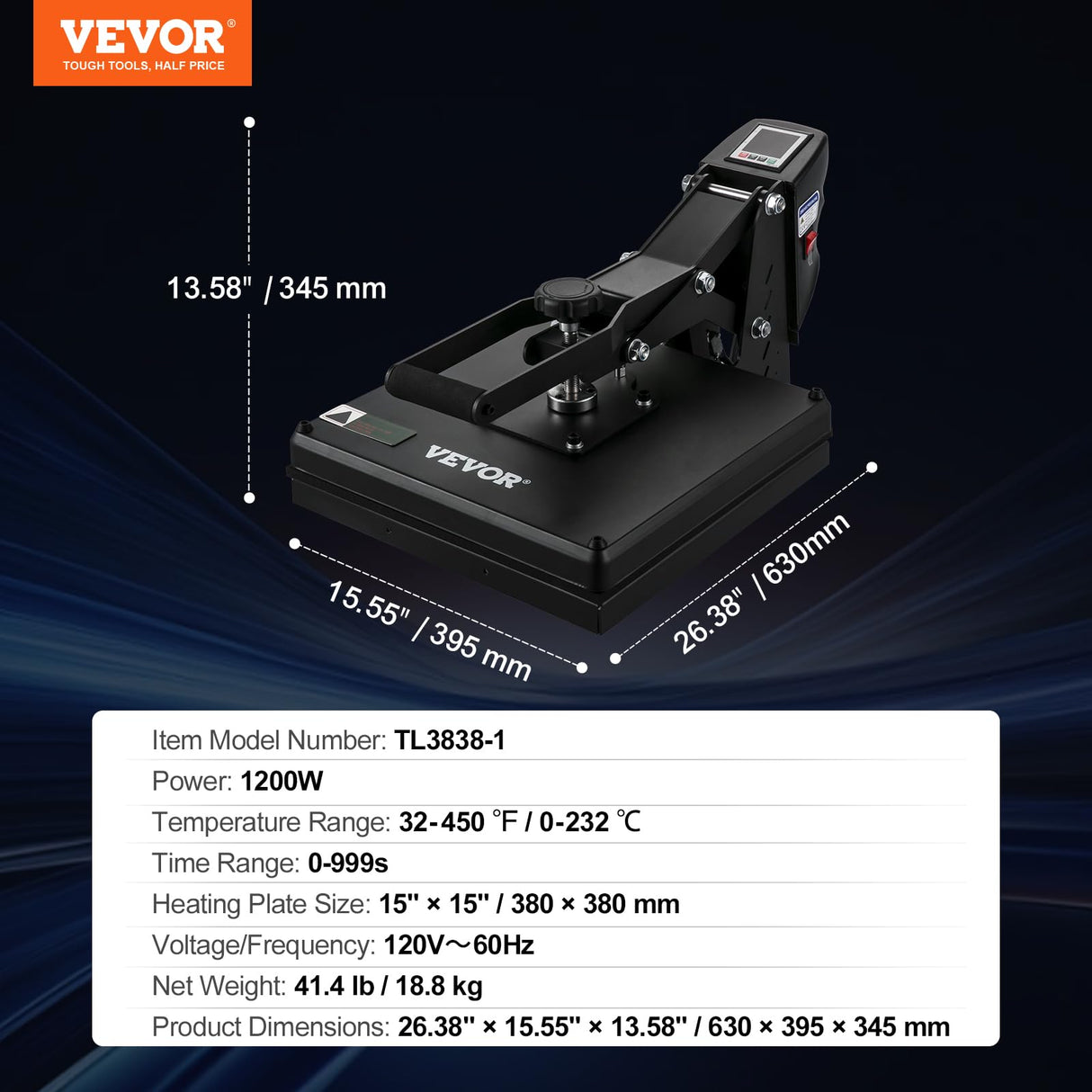 VEVOR Heat Press 15 x 15 - Heat Press Machine for T-Shirts, Fast Heating, High Pressure for Digital Industrial-Quality Sublimation Printer for Heat Transfer Vinyl, 15" x 15", Black VEVOR