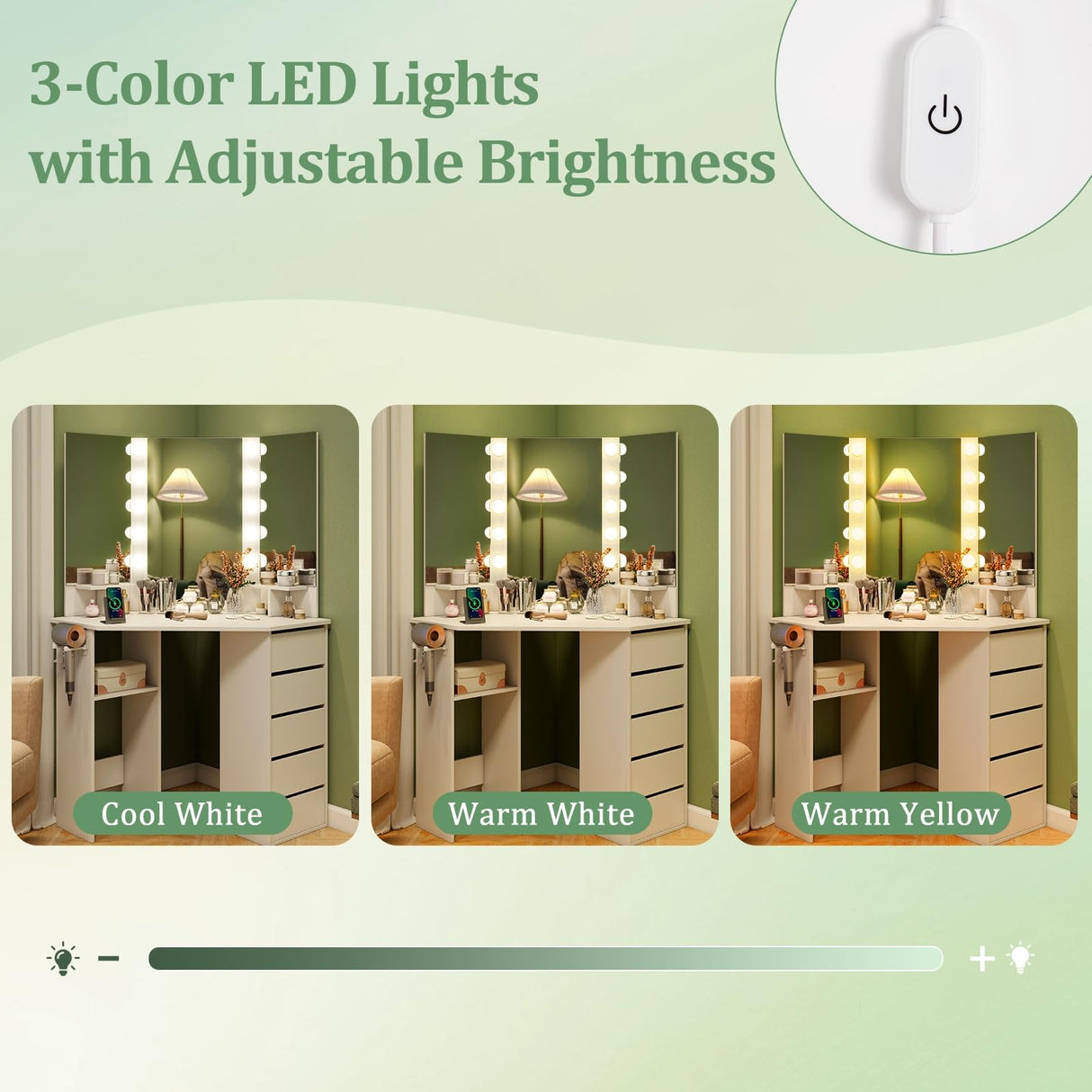 CHARMAID Corner Vanity Desk with Mirror and Lights, White Makeup Vanity Table with 5 Drawers, Storage Shelves, Charging Station, 3 Lighting Modes, Compact Vanity Dressing Table for Small Space CHARMAID