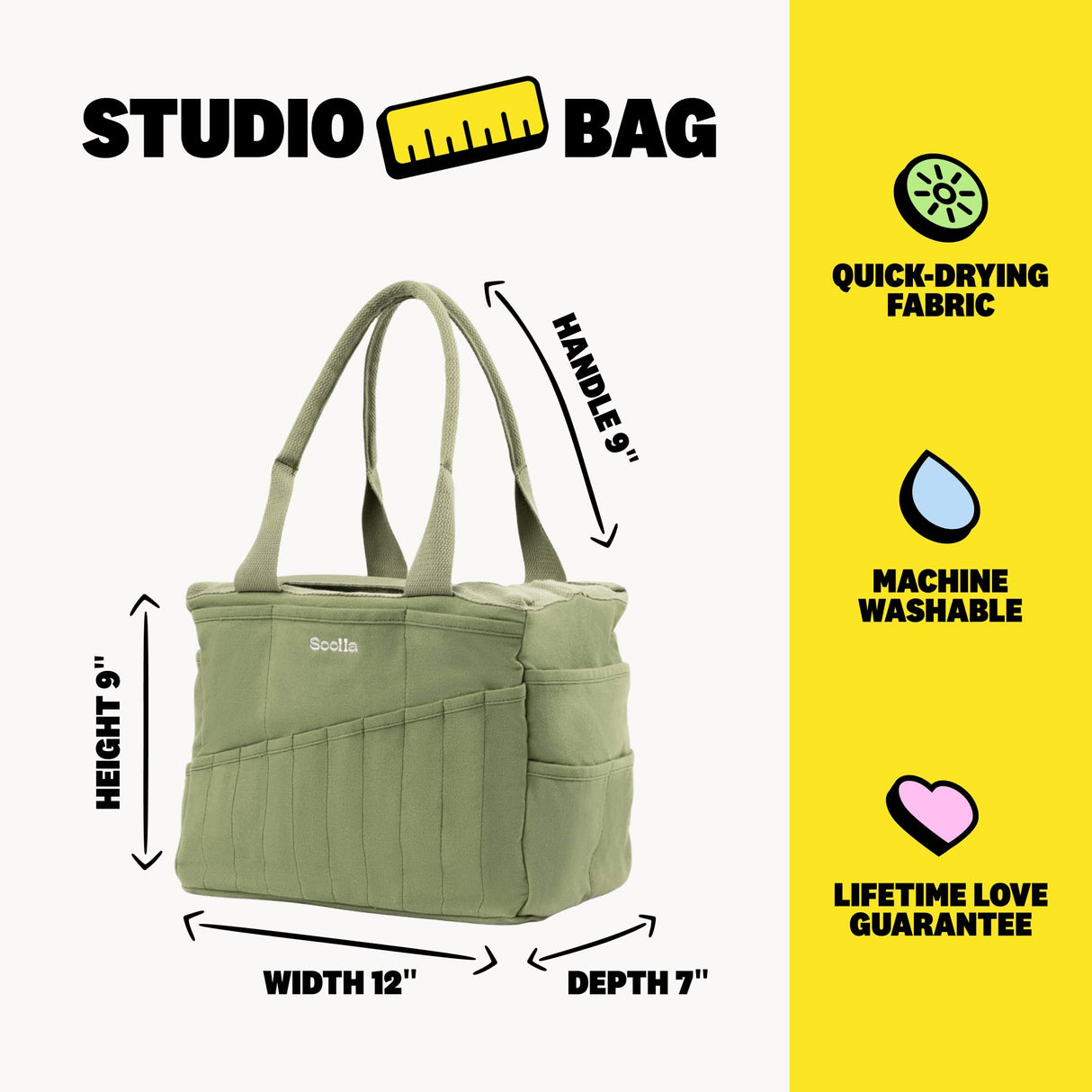 Soolla Studio Bag: Pottery Tool Bag, Art Supply Storage, Knitting Yarn Organizer, Crochet Projects, & Washable Craft Tote, 30 Pockets, 25+ Canvas Colors, Student Artist Gift (Ganja Green) Soolla