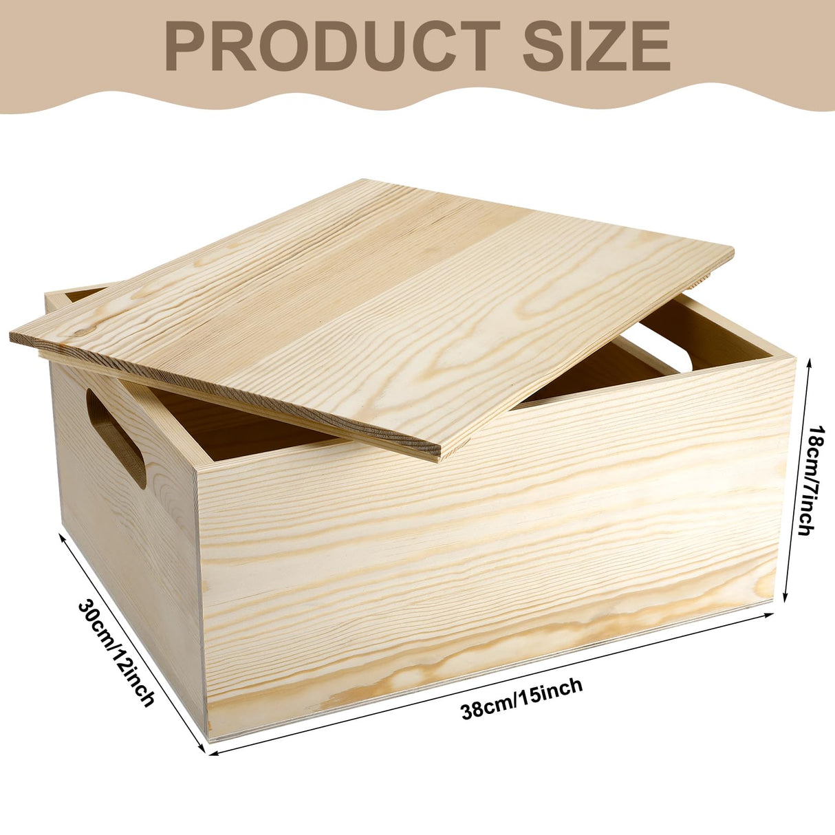 Spiareal Wooden Storage Box 15 x 12 x 7 Inches Pine Wood Decorative Crate Box with Hand Holes and Lid Plain Unpainted Wooden Storage Bins for Home Decor Wine Tool Kitchen Arts Crafts Spiareal