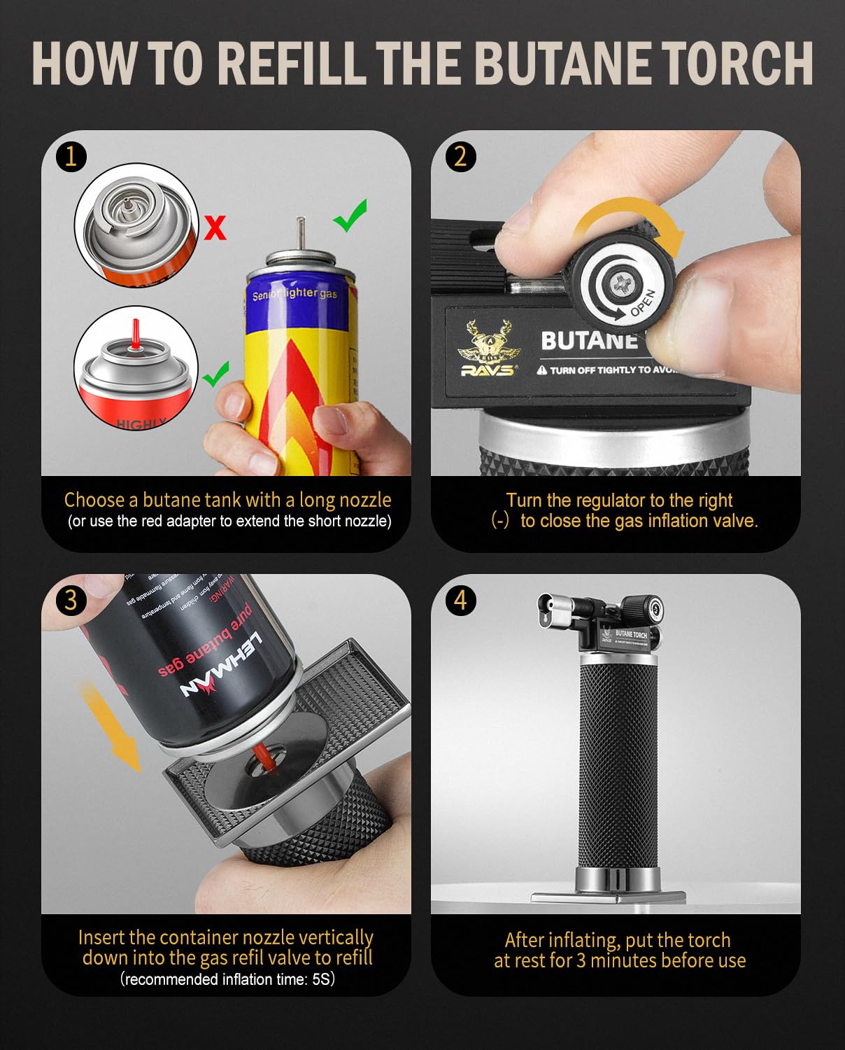 RAVS Butane Torch Lighter, DUAL Flame Mode Kitchen Torch, Refillable Cooking Torch Gun, Creme Brulee Torch Lighter, Blow Torch for Cooking, Welding, Mini Torch Soldering Torch, Butane is Not Included ravs