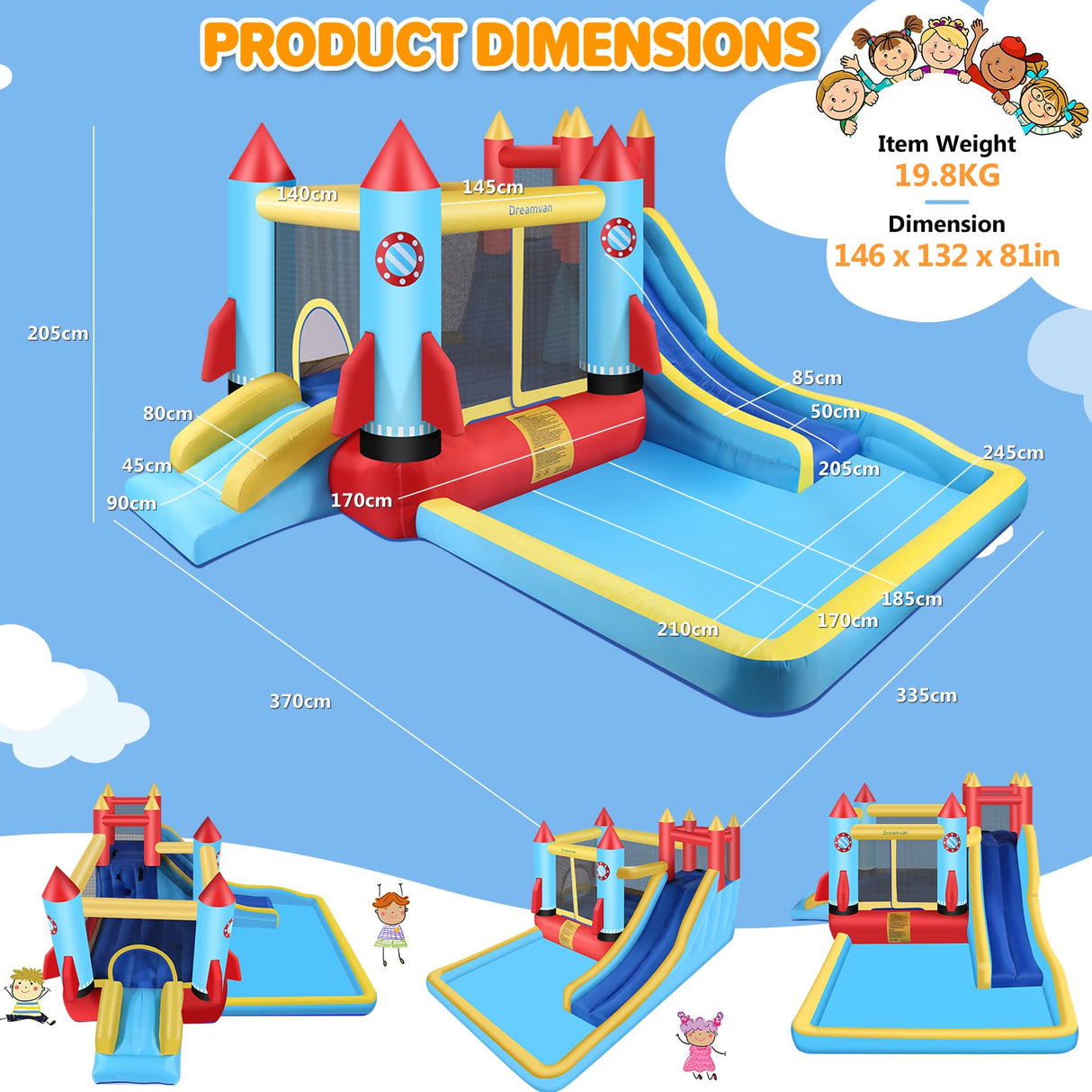 WONFUY Bounce House for Kids 13X11ft Outdoor Indoor Bouncy House with Blower Jumping Castle Water Slide Climbing Wall and Pool Splash, Backyard Fun Rocket Inflatable Slide Bouncer Ages 3-10 Years WONFUY