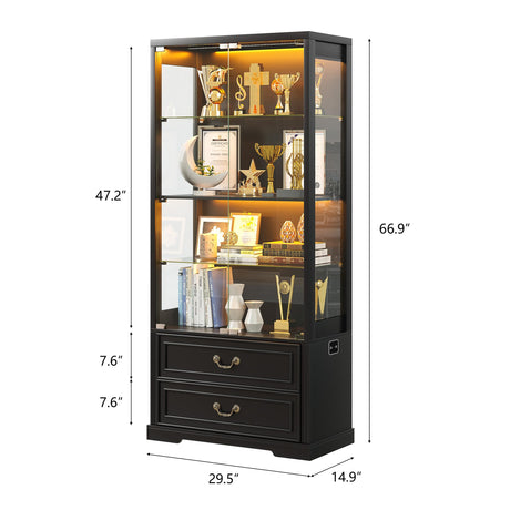 TAGELIER 67" Tall Display Cabinet with Glass Doors and 2 Drawers, Adjustable Glass Height,Curio Cabinet with 3 LED Lights and Human Body Sensor (Black) TAGELIER