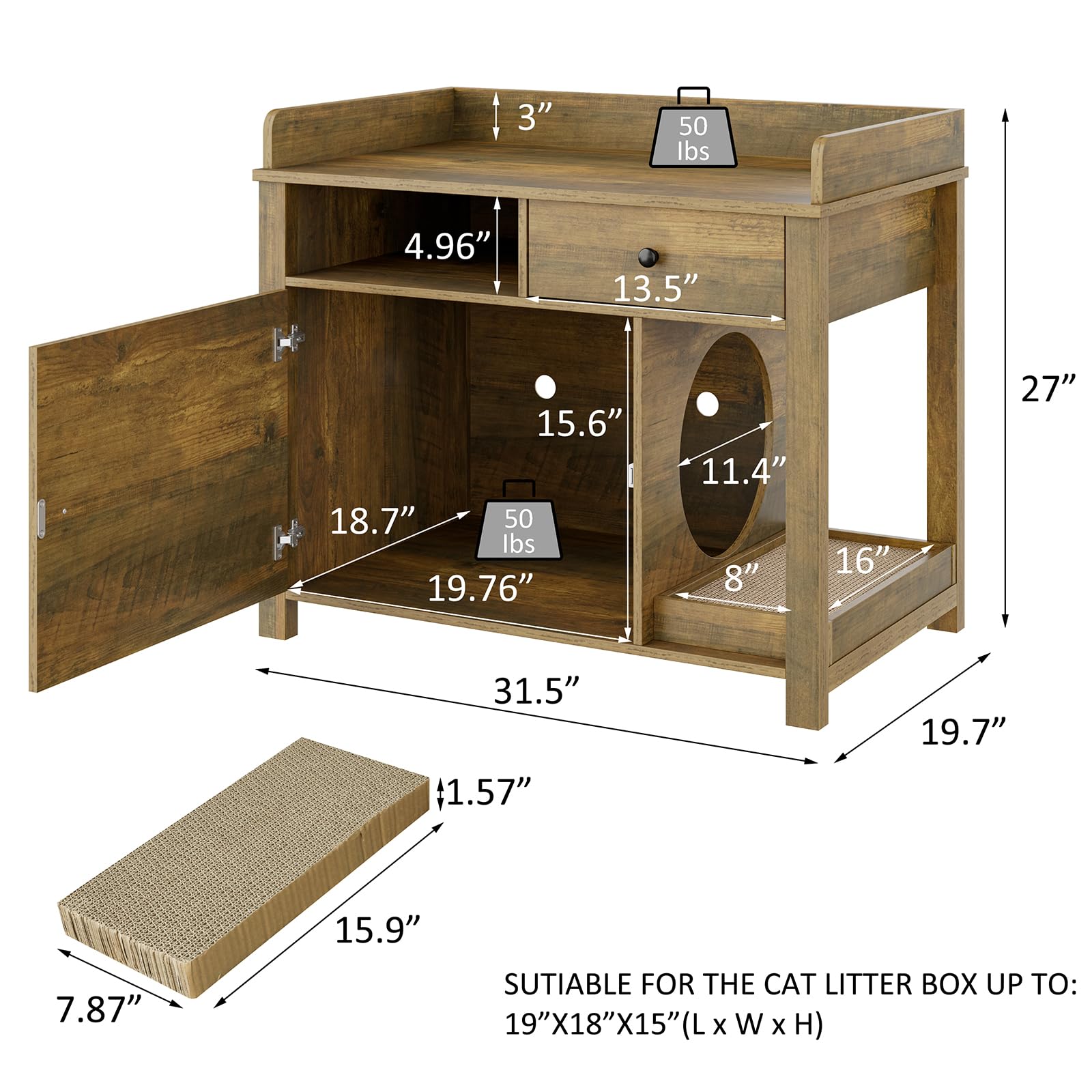 Cat Litter Box Enclosure Furniture,Llitter Box Enclosure with Shelves and Scratcher,Wooden Cat Litter Cabinet with Drawer,Cat Furniture Litter Box - WoodArtSupply