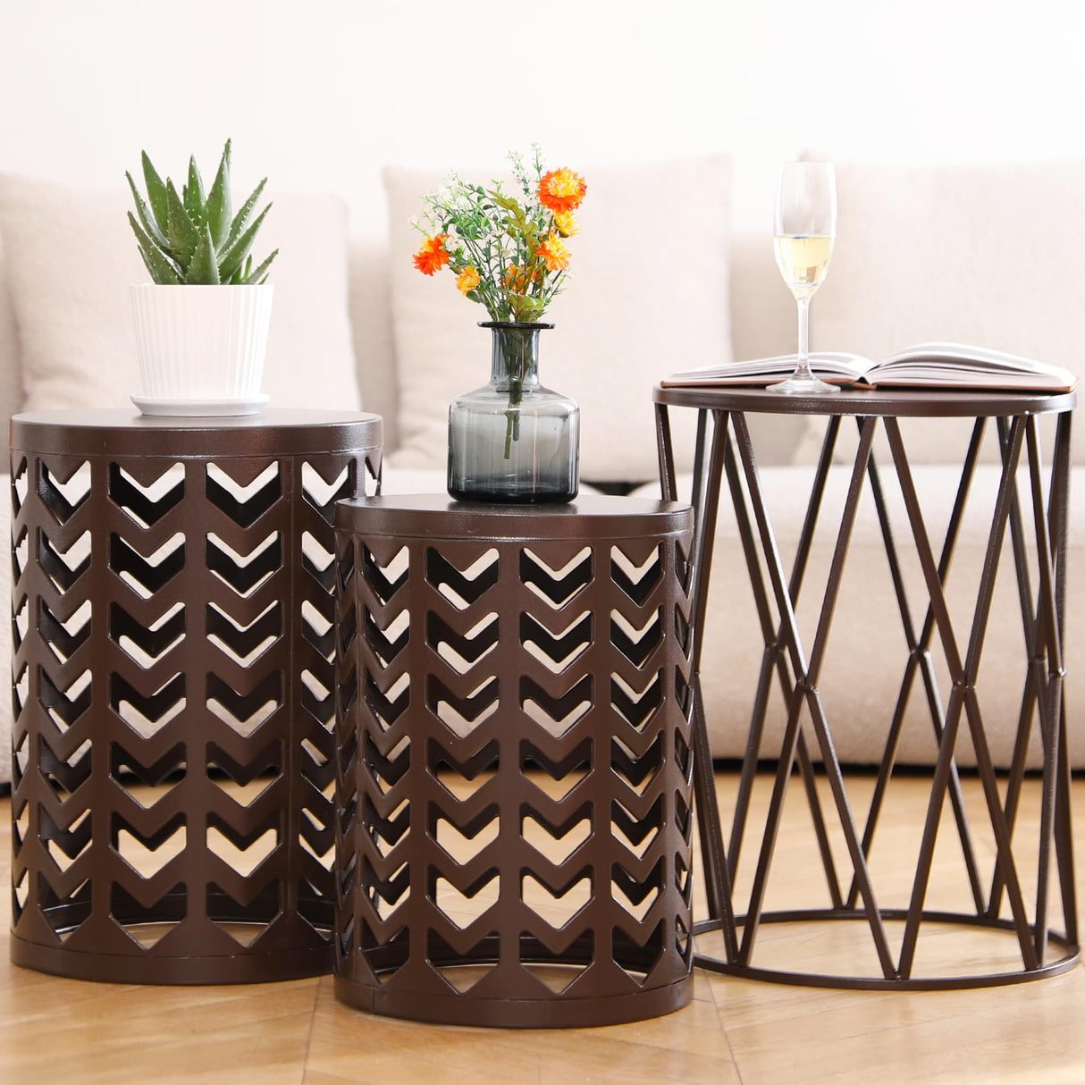 HFHOME Round Nesting Coffee Tables, Set of 3 End Tables for Living Room Balcony Office, Heavy Duty Metal Stacking Side Tables for Home Indoor - Brown HFHOME