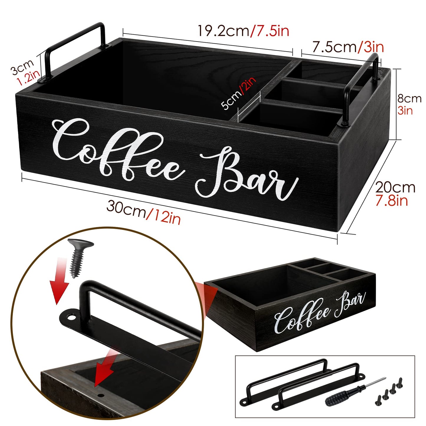 Coffee Station Organizer Wooden Coffee Bar Organizer for Countertop, Coffee Bar Accessories Organizer Farmhouse Kcup Coffee Pod Holder Storage Basket with Handle - Black