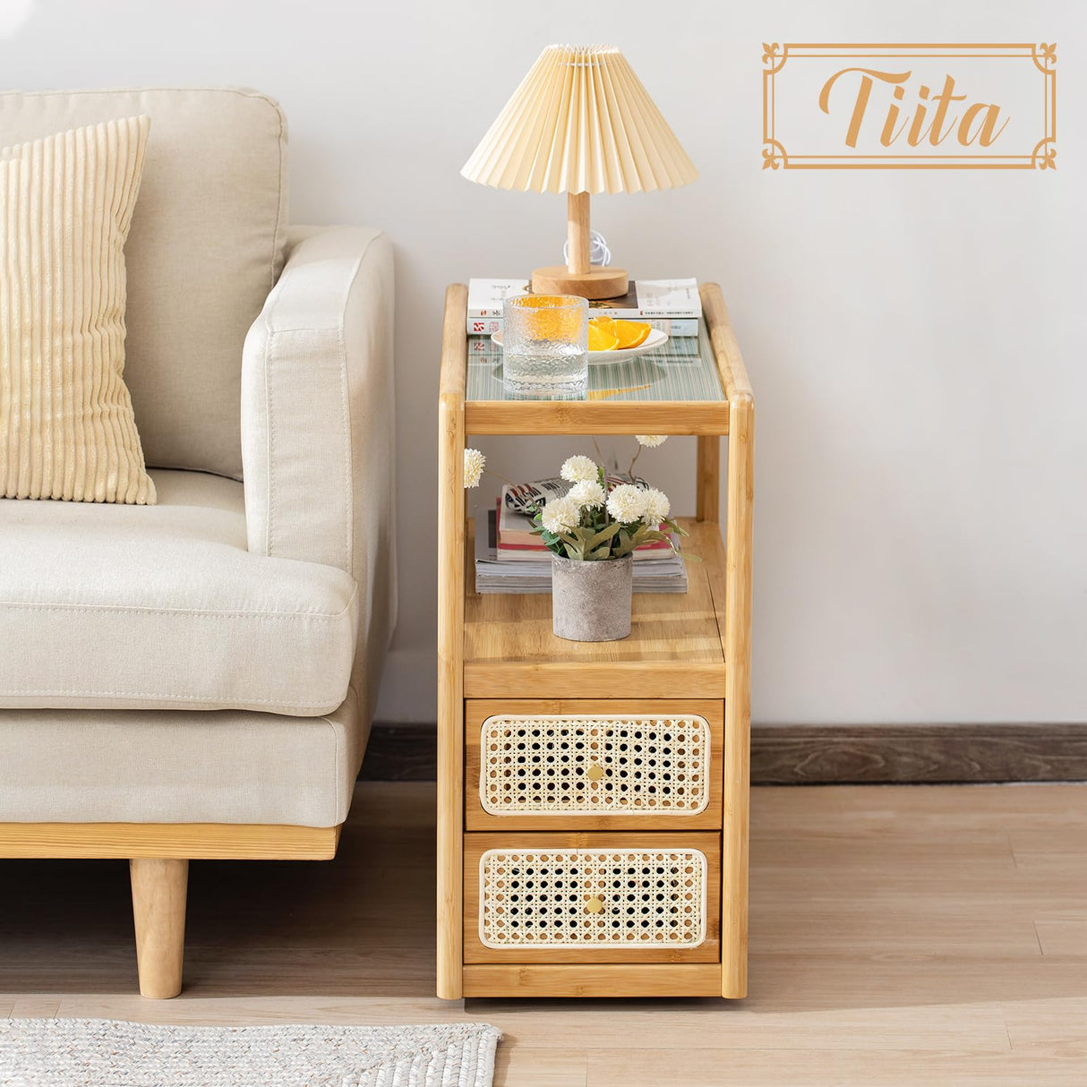 Tiita Rattan Nightstand Side Table, Bamboo Accent Bedside Tables, Glass Coffee Tables, Boho Wooden End Table with Storage for Small Space, Living Room and Bedroom Tiita