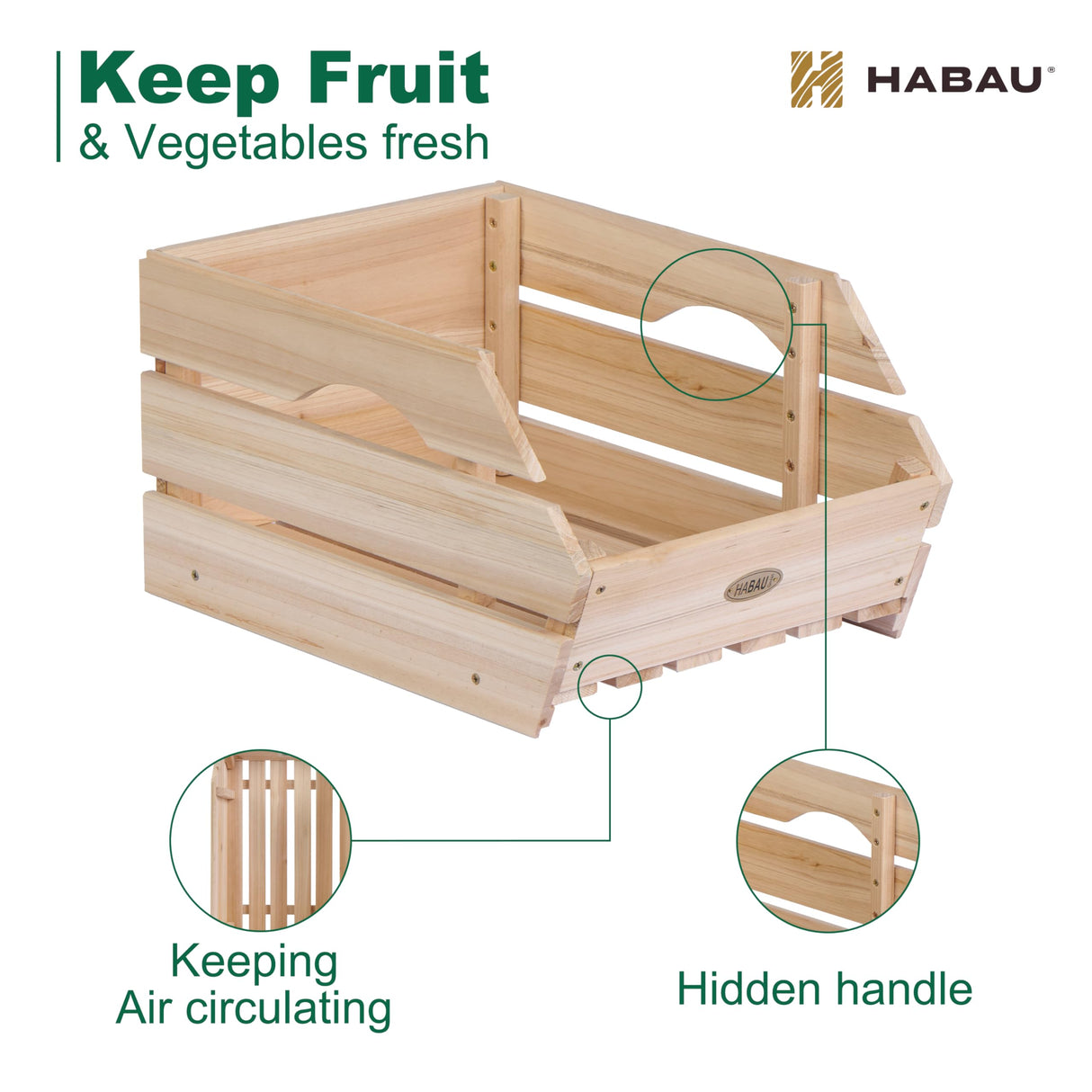 HABAU Wood Potato Onion Storage Bins - Wooden Stackable Produce Basket - Fruit Vegetable Storage for Kitchen Pantry Organization, Set 3 Pieces HABAU