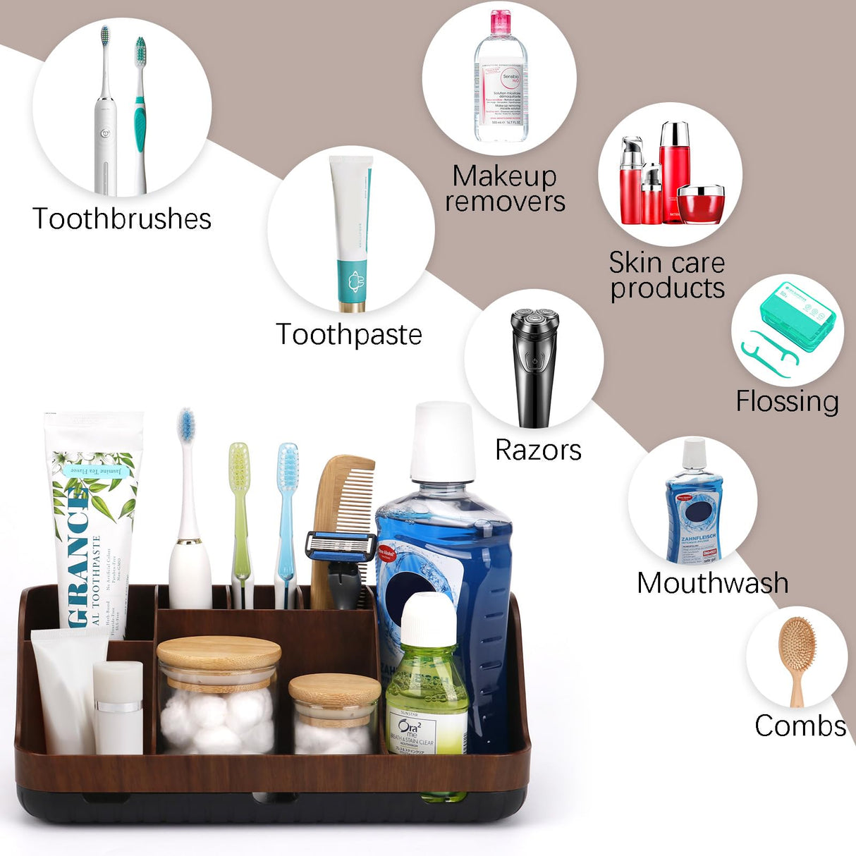 GFWARE Wood Toothbrush Holders for Bathrooms Countertop Organizer - Detachable 7 Slots Kid Bathroom Decor and Accessories, Wooden Bathroom Sink Storage Organization, Caddy, Tray, Brown GFWARE