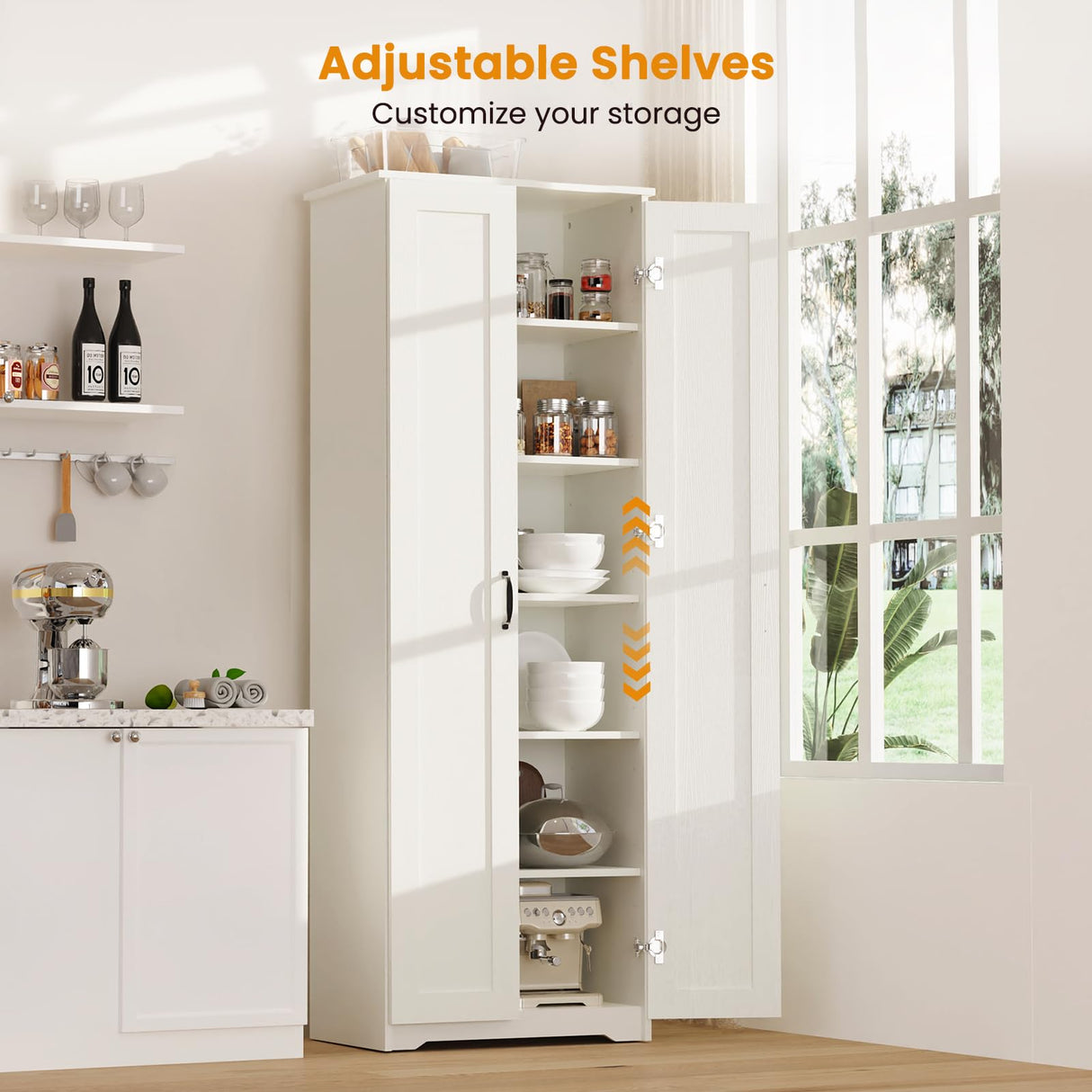 Teekyooly 70" Tall Storage Pantry Cabinet, Bathroom Floor Organizer Storage Cabinet with 2 Doors and 6 Adjustable Shelves, Standing Utility Cabinet for Dining Room, Food Storage and Kitchen, White Teekyooly