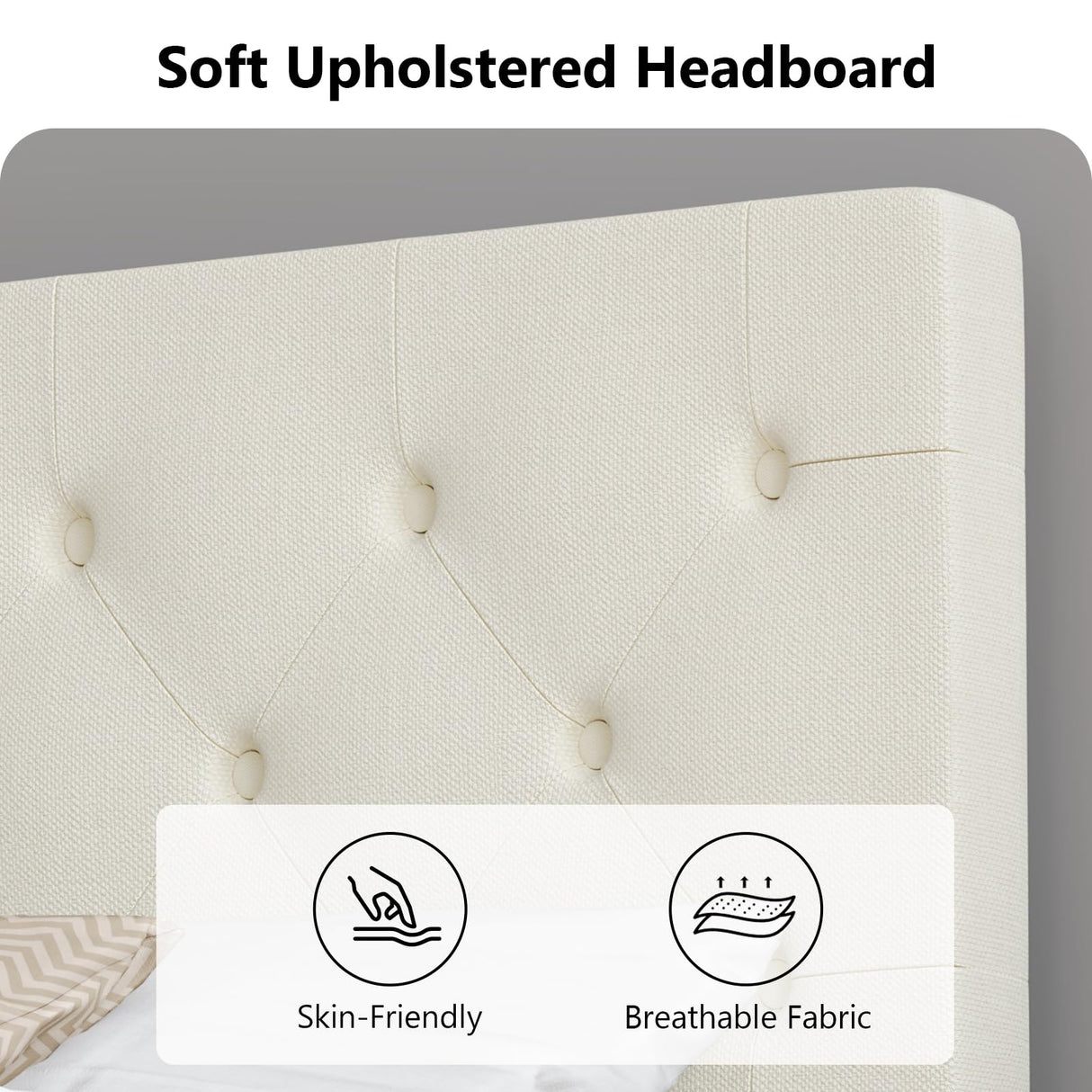 HOMBCK King Size Bed Frame with Headboard, Linen Fabric Upholstered Platform Bed Frame, Button Tufted Bed Frame King, Wooden Slat Support, No Box Spring Needed, Easy Assembly, Cream HOMBCK