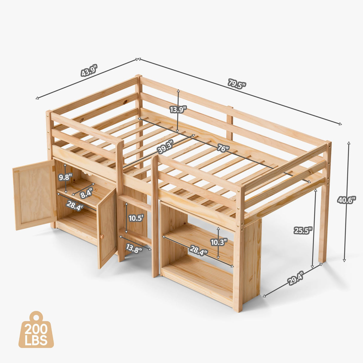 TOLEAD Low Loft Bed Twin Size with LED Lights, Twin Bed Frames for Kids, Kids Loft Bed with 14" H Safety Guardrail, Wood Twin Loft Bed with Storage Cabinet and Under-Bed Play Space (Natural) TOLEAD