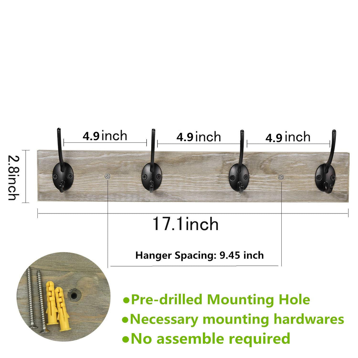 Sageme Wall Mounted Coat Rack, Wooden Entryway Vintage Rustic Coat Rack Hat Hanger Rack Zinc die-cast 4-Hook Rail for The Entryway, Bathroom, Bedroom, Kitchen, Mudroom Pinewood Alloy 4-Hook Sageme