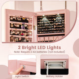 Giantex Wall Door Mounted Jewelry Armoire Cabinet with 47.5" H Full Length Mirror, 2 LEDs Lockable Jewelry Organizer Box with Bracelet Rod, 2 Drawers, Large Storage Capacity (Light Pink) Giantex