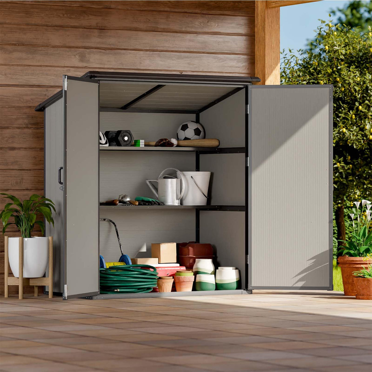 Patiowell 5 x 3 FT Outdoor Storage Shed, Resin Waterproof Cabinet with Adjustable Shelves and Lockable Doors for Patio Furniture, Pool Accessories and Tools, Beige Patiowell