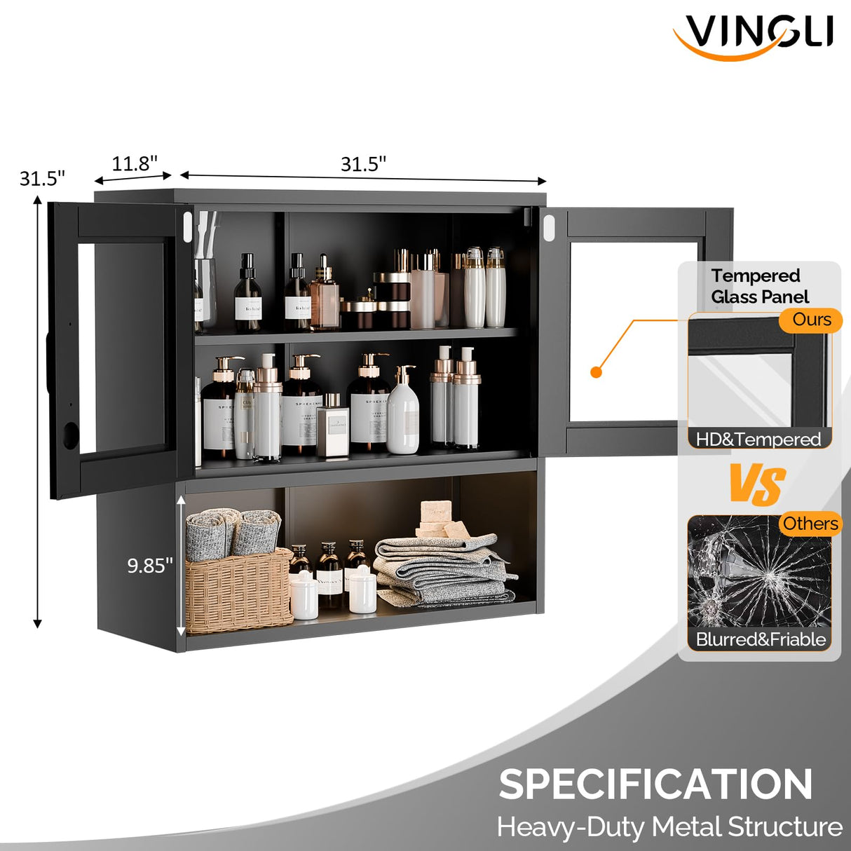 VINGLI Metal Wall Cabinet with Locking Glass Doors & Magnetic LED Sensor Light, Adjustable Shelf, Wall Mounted Storage Display Cabinets for Garage, Kitchen, Home Office, Warehouse, Living Room, Black VINGLI