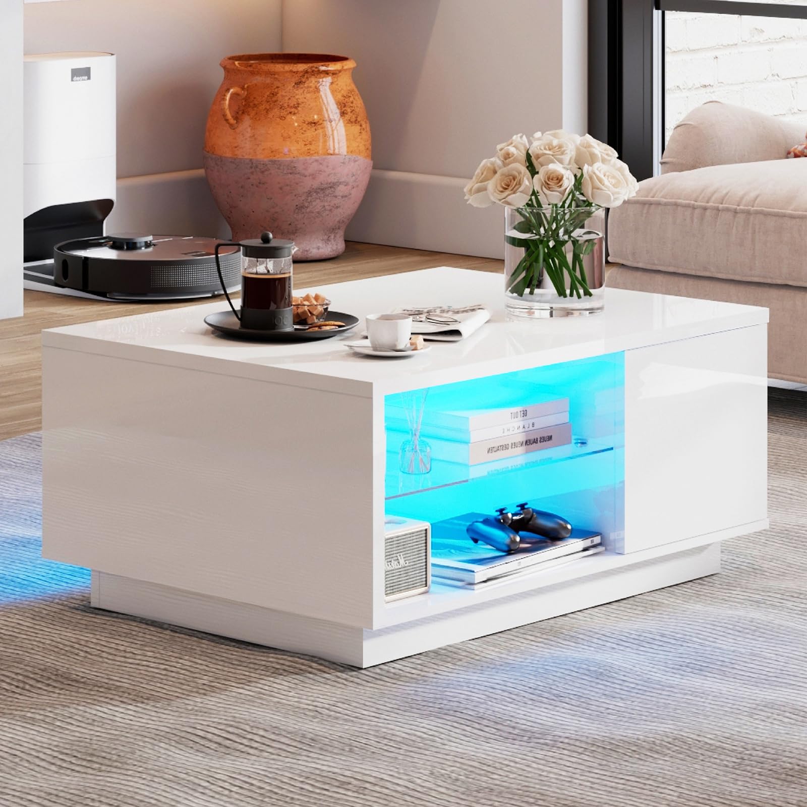 AMERLIFE LED Coffee Table with 20-Color Light, Modern High Gloss Center Table with Glass Shelf Storage for Living Room, Remote Control, White - WoodArtSupply