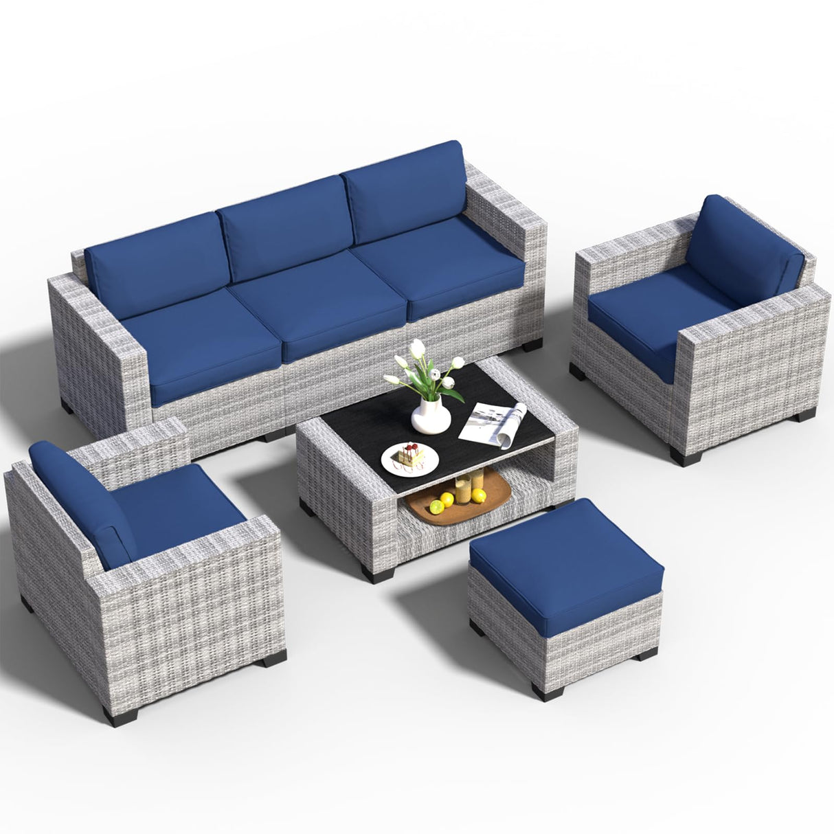 7 Piece Patio Furniture Set, Wicker Outdoor Sectional Sofa with Washable Cushion Covers and Tempered Glass Table, Rattan Conversation Set for Poolside, Lawn, Balcony (Navy Blue, Gray-white Rattan) SHGJ&SOFT