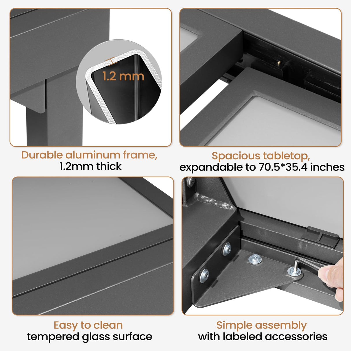 PATIOHIT Modern Aluminum Outdoor Dining Table - Expandable Patio Glass Dining Table for 6-8, Extendable Aluminum Patio Extender Table 35" to 70" for Backyard, Porch, Deck, Garden, Tempered Glass Gray PATIOHIT
