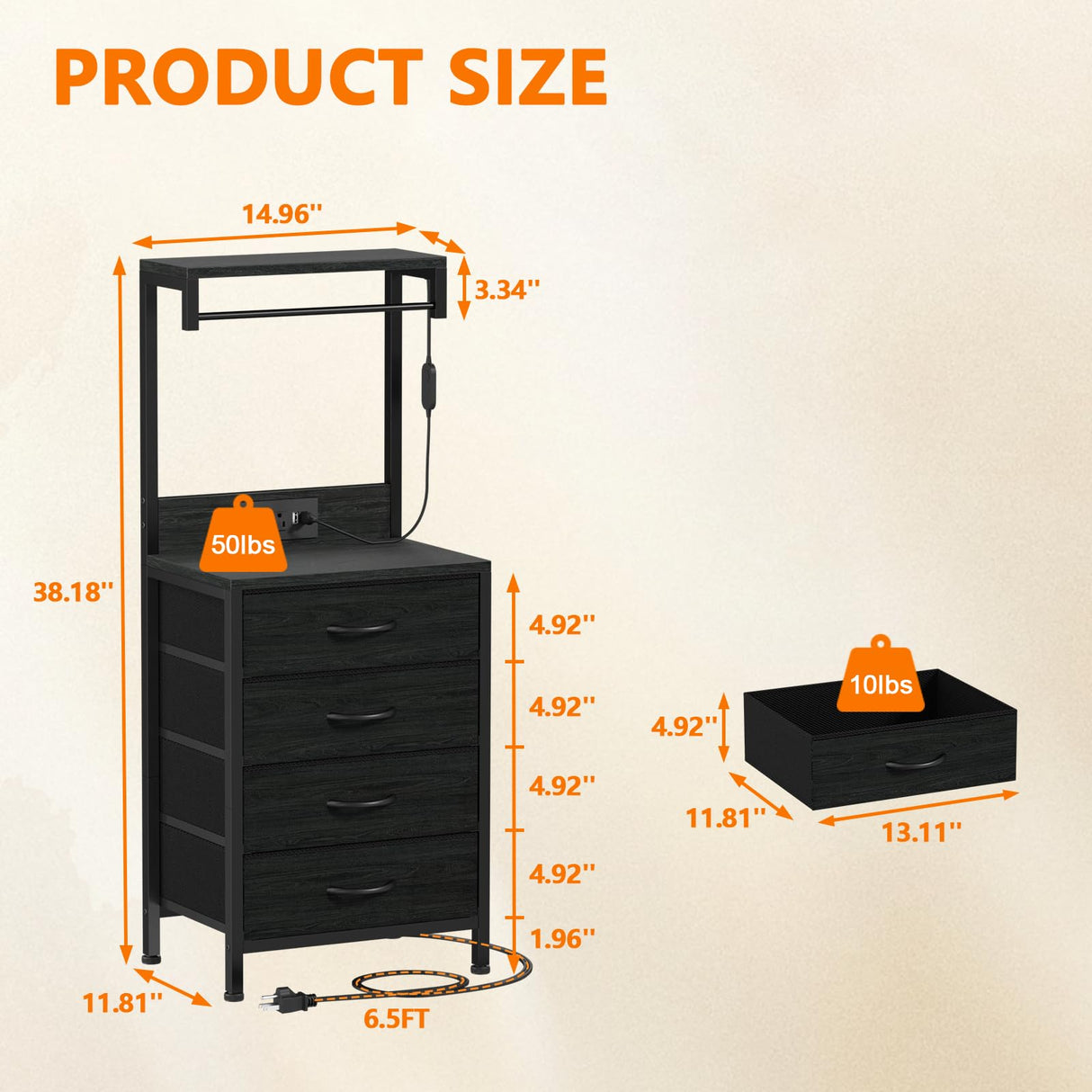 Furnulem Tall Nightstand with 4 Drawers, Night Stand with LED Lights and Charging Station, Bedside Table with Storage Shelves, End Side Table for Bedroom, Office (Black Oak) Furnulem