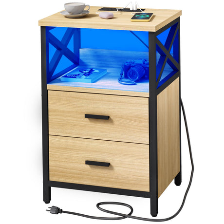 HDDDZSW LED Nightstand with Charging Station, Side Table with USB Ports and Outlets, End Table for Small Spaces, Log Colour Bedside Tables with Fabric-Wood 2-in-1 Drawer for Bedroom, Living Room HDDDZSW