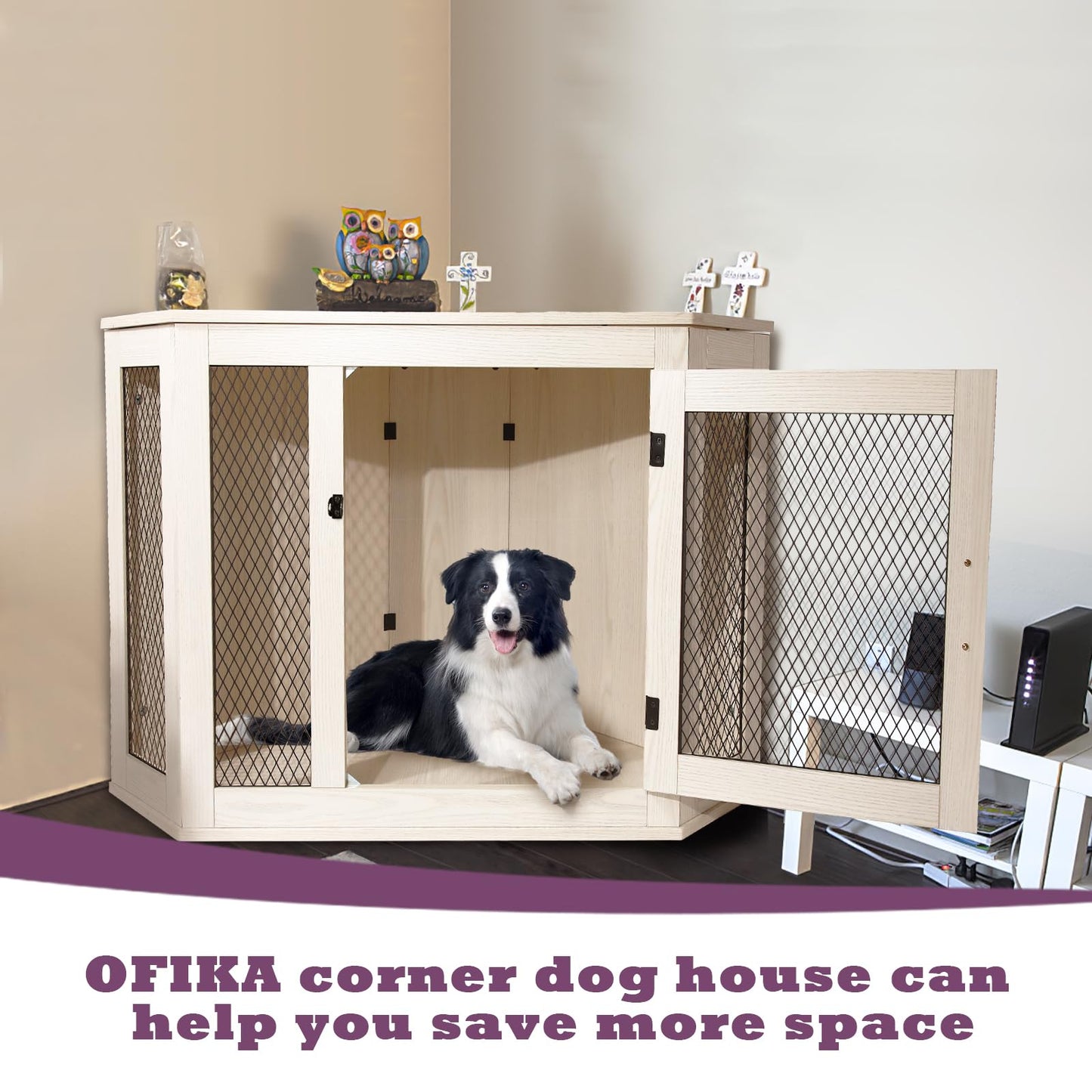 OFIKA Corner Dog Crate Furniture, Wooden Corner Dog Kennel Side End Table with Metal Mesh,Indoor Pet Crates Corner Side Table for Small Medium Large Dogs (Large, White)