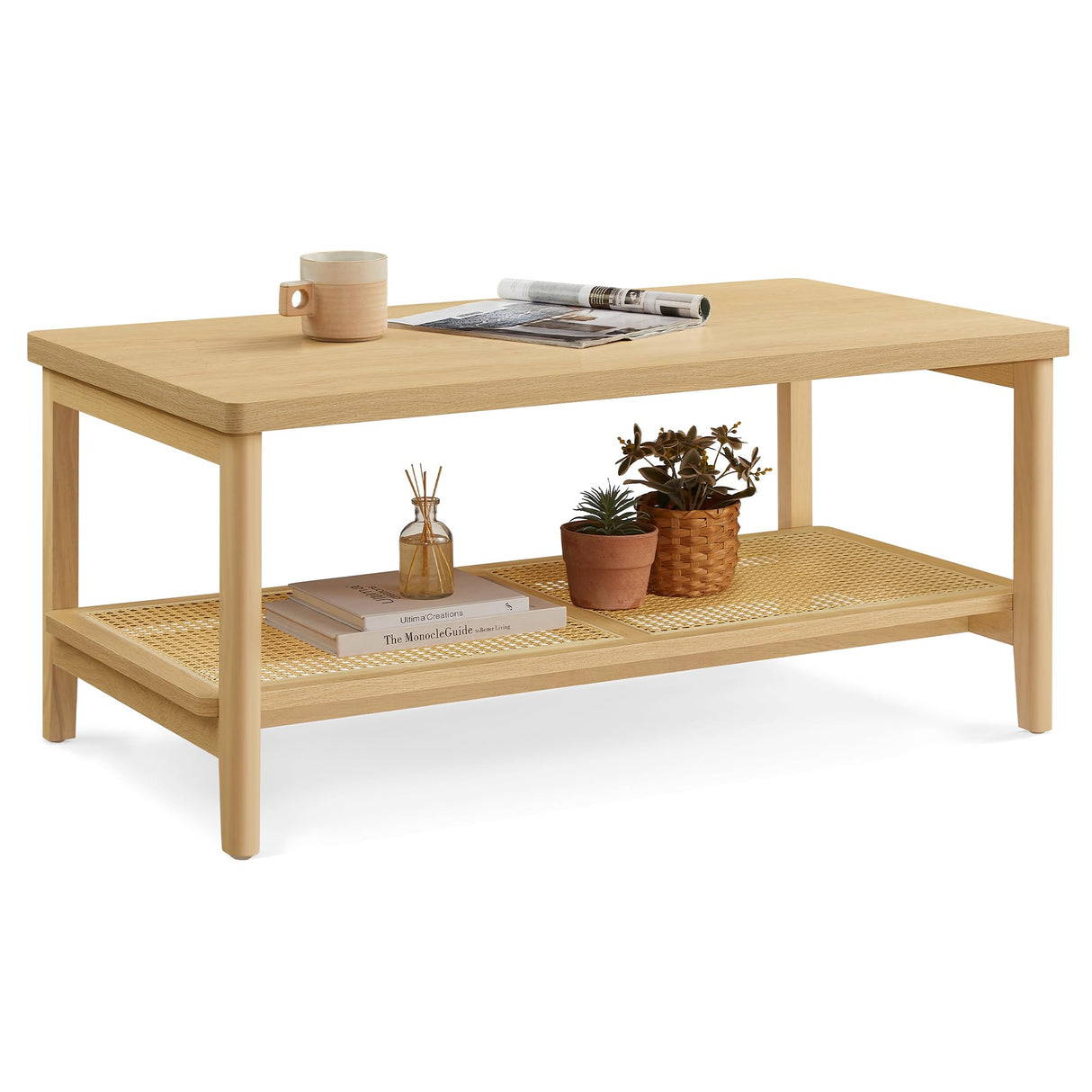 VASAGLE 2-Tier Coffee Table for Living Room, Living Room Table Rectangular Center Table, with PVC Rattan Storage Shelf, Rounded Corners, Easy Assembly, Boho Style, Oak Beige ULCT240Y57 VASAGLE