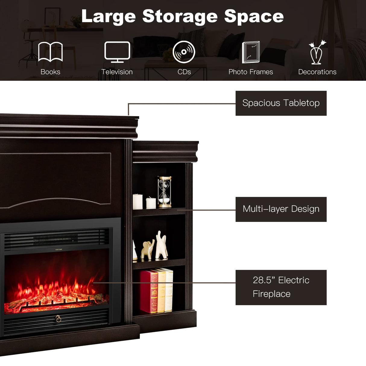 Tangkula 70" Mantel Fireplace, 750W/1500W Electric Fireplace w/Mantel & Built-in Bookshelves, 28.5-Inch Fireplace w/Remote Control, 1-8H Timer, Adjustable Flame Brightness & Color (Espresso) Tangkula