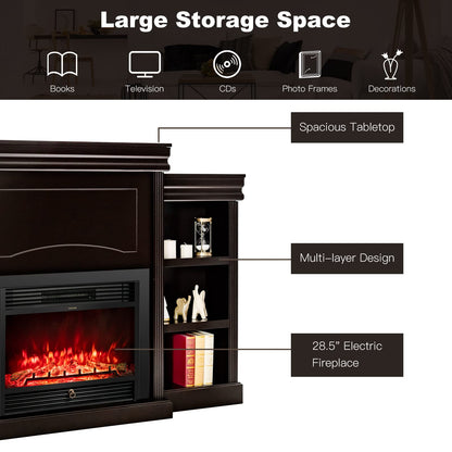 Tangkula 70" Mantel Fireplace, 750W/1500W Electric Fireplace w/Mantel & Built-in Bookshelves, 28.5-Inch Fireplace w/Remote Control, 1-8H Timer, Adjustable Flame Brightness & Color (Espresso)