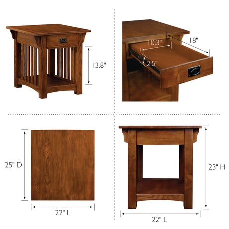 Leick Home 8207 Mission Impeccable End Table with Drawer, Made with Solid Wood, Side Table for Living Room, Bedroom, Medium Oak Finish, Russet Leick Home