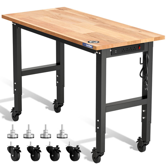 WORKPRO Garage Workbench, 48"X22" Adjustable Workbench with Wheels and Leveling Foot, Rubber Wood Top Work Desk with Power Outlets, 1500 LBS Workbenches for Garage, Workshop, Office, Home - WoodArtSupply