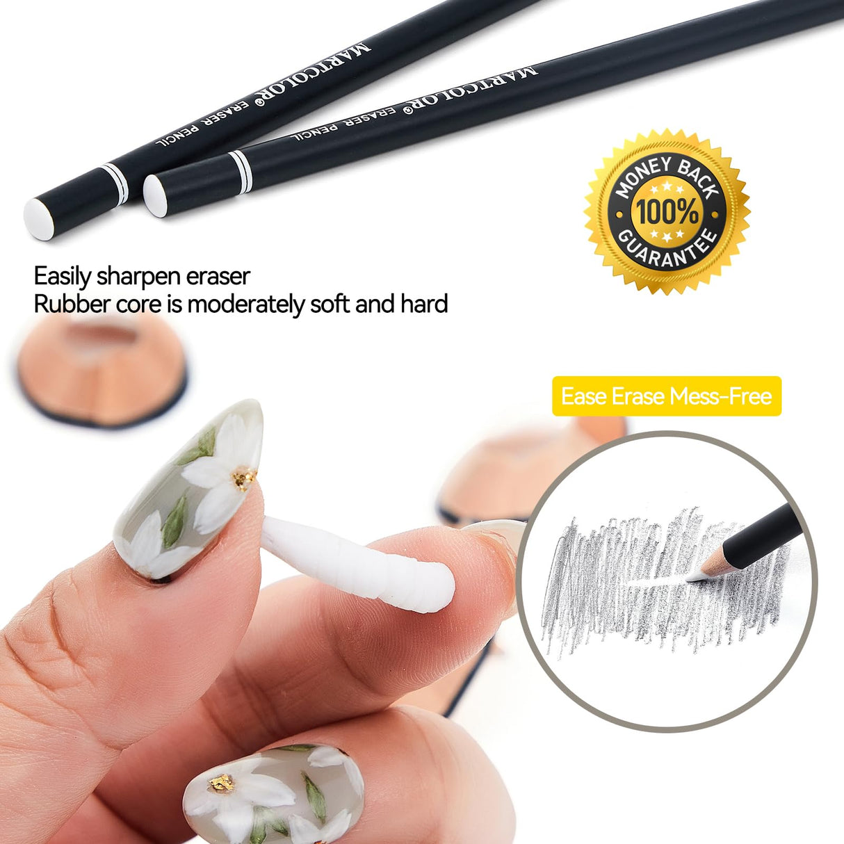 MARTCOLOR Professional Eraser Pencil Set, 6pc Eraser Pencils and 2pc Sharpener, Erasing Small Details or add Highlights for Sketching, Charcoal Drawings. Fine Detail Eraser for Beginners & Artists MARTCOLOR