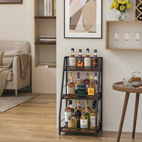 3-Tier Trapezoid Liquor Stand for Home Bar, Stepped Wine Racks Freestanding Floor for Liquor Whiskey Wine,Versatile Corner Wine Bottle Display Stand with Fences, Vintage Brown（Patent Pending） Hayexiha