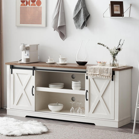 AMERLIFE 66" Farmhouse TV Stand for 75 Inches TVs, Entertainment Center with Sliding Barn Door and Adjustable Shelf & Feet, Console Table with Storage, Distressed White & Rustic AMERLIFE