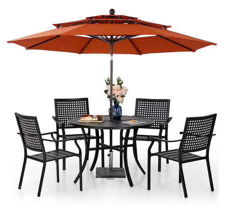 PHI VILLA 5 Pieces Patio Dining Set with 10ft Patio Umbrella, Metal Patio Circle Table Outdoor Stackable Wrought Iron Chair Set of 4 & 42" Large Round Dining Table,3 Tier Vented Orange Red Umbrella PHI VILLA