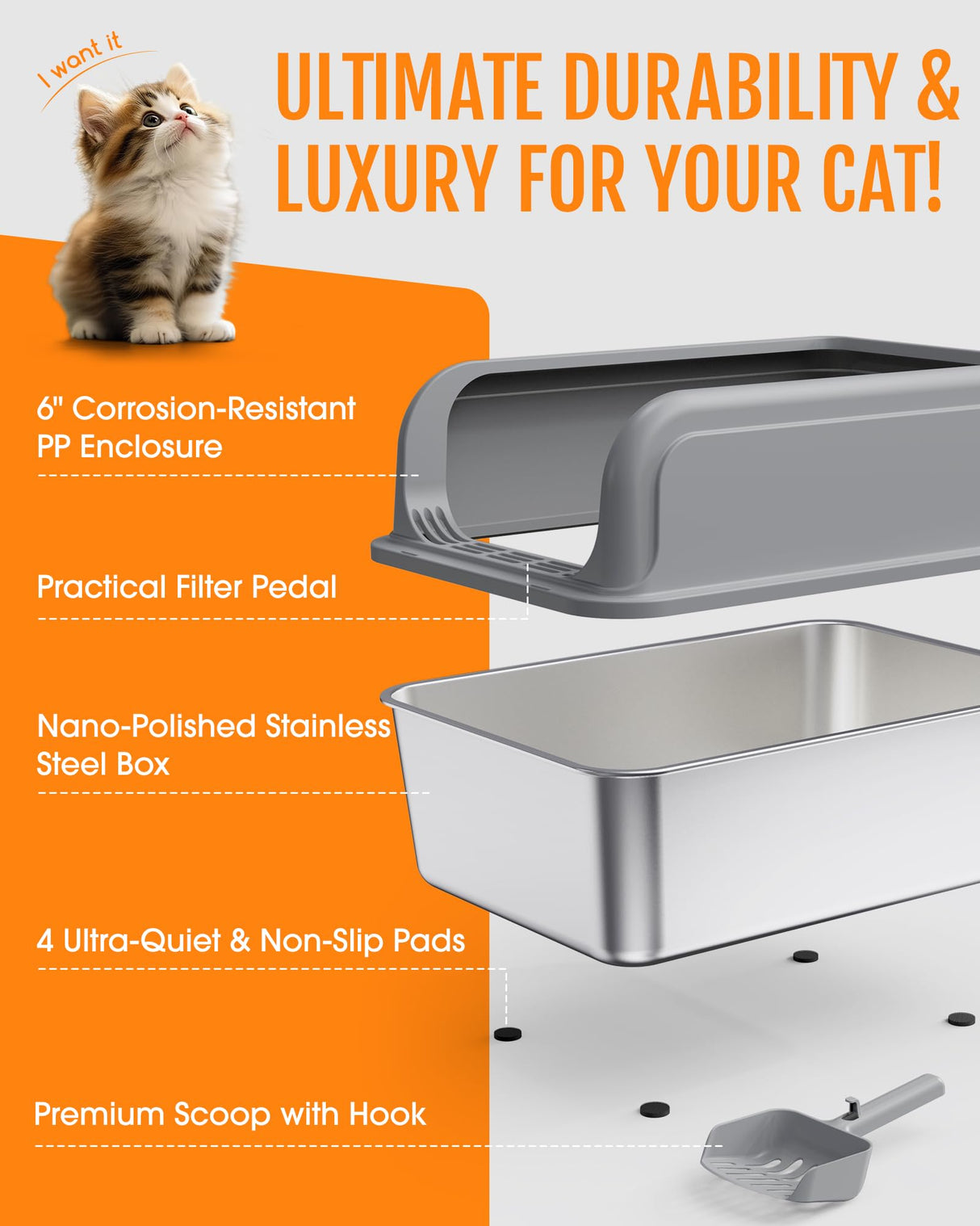 Powools Stainless Steel Cat Litter Box, Metal Kitty Litter Box with Scoop, Anti-Leakage Top Entry, Non-Sticky, Easy to Clean, Grey, 13.5" × 17.3" × 11" Powools