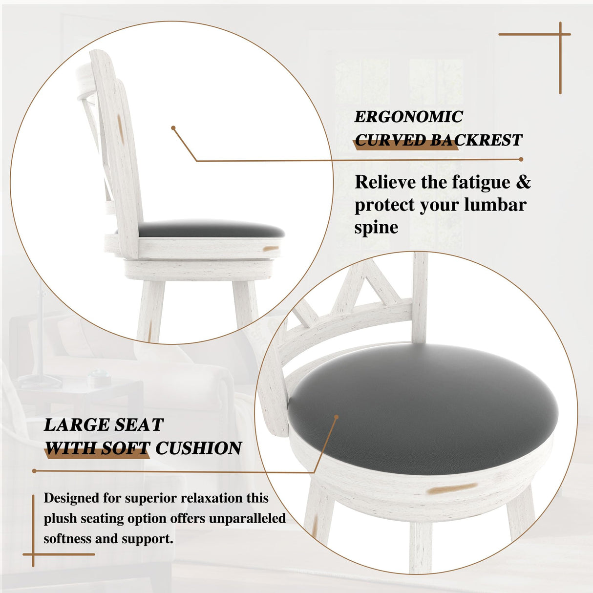 Betterhood 29" Bar Height Swivel Stools - High Back Swivel Barstools with Upholstered Seat & Solid Wood Footrest, Counter Bar Chairs for Kitchen Island & Pub (White, Set of 2) Betterhood