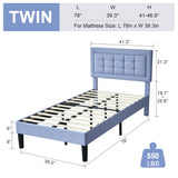VECELO Twin Size Bed Frame with Adjustable Headboard, Upholstered Button Tufted Platform Bedframe with Wood Slats Support, No Box Spring Needed, Light Blue VECELO