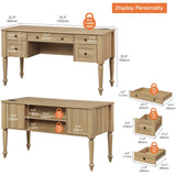 WAMAPT Farmhouse Executive Desk with 5 Drawers, Home Office Desk with Charging Station, Wood Computer Desk with File Cabinet Storage, Door, Open Shelf for Work and Study, Oak, 55 inch WAMPAT