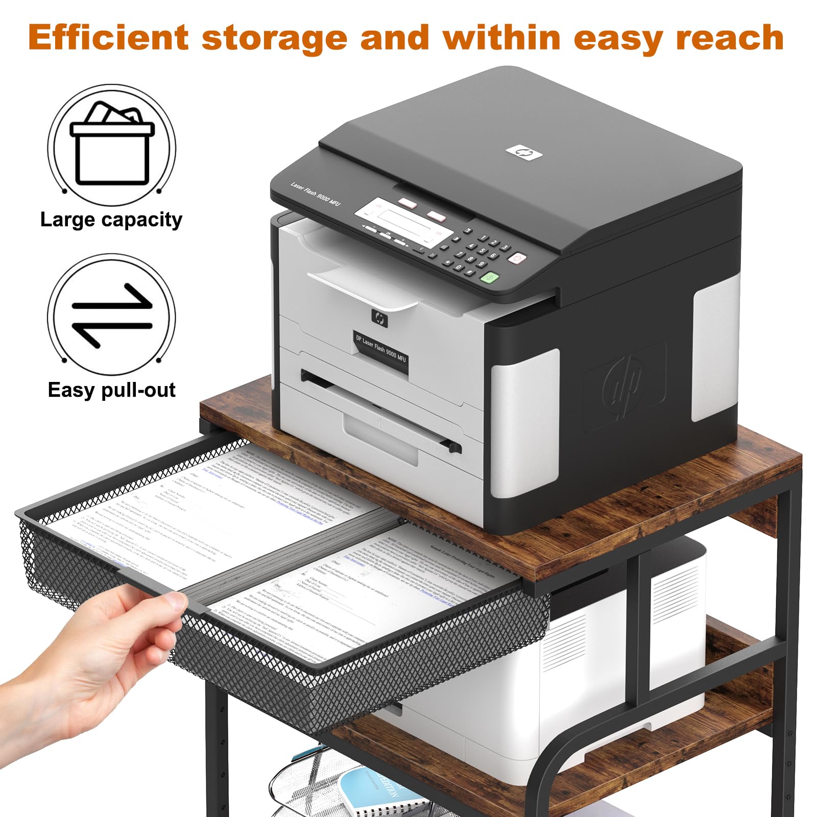 EasyCom 23.6''x18.9'' Extra Large Printer Stand with Drawer, 5-Adjustable Heights 3 Tier Printer Table with Wheels, Rolling Printer Cart with Storage for Printer Scanner Fax Home Office Use - WoodArtSupply