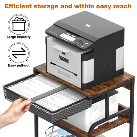 EasyCom 23.6''x18.9'' Extra Large Printer Stand with Drawer, 5-Adjustable Heights 3 Tier Printer Table with Wheels, Rolling Printer Cart with Storage for Printer Scanner Fax Home Office Use EasyCom
