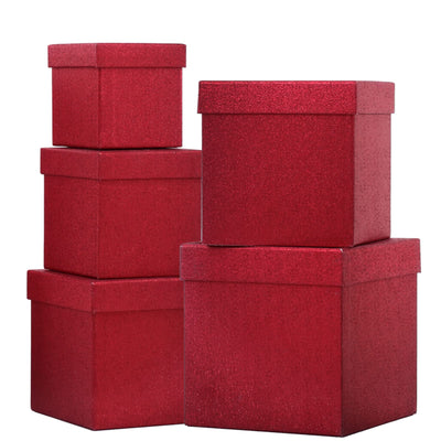 UNIQOOO 5Pcs Red Glitter Xmas Gift Box Set with Lid, Assorted Size, Square Nested Wedding Keepsake Boxes, Holiday Paper Box Tower For Birthday Party, Mother's Day Gift Wrap Packaging