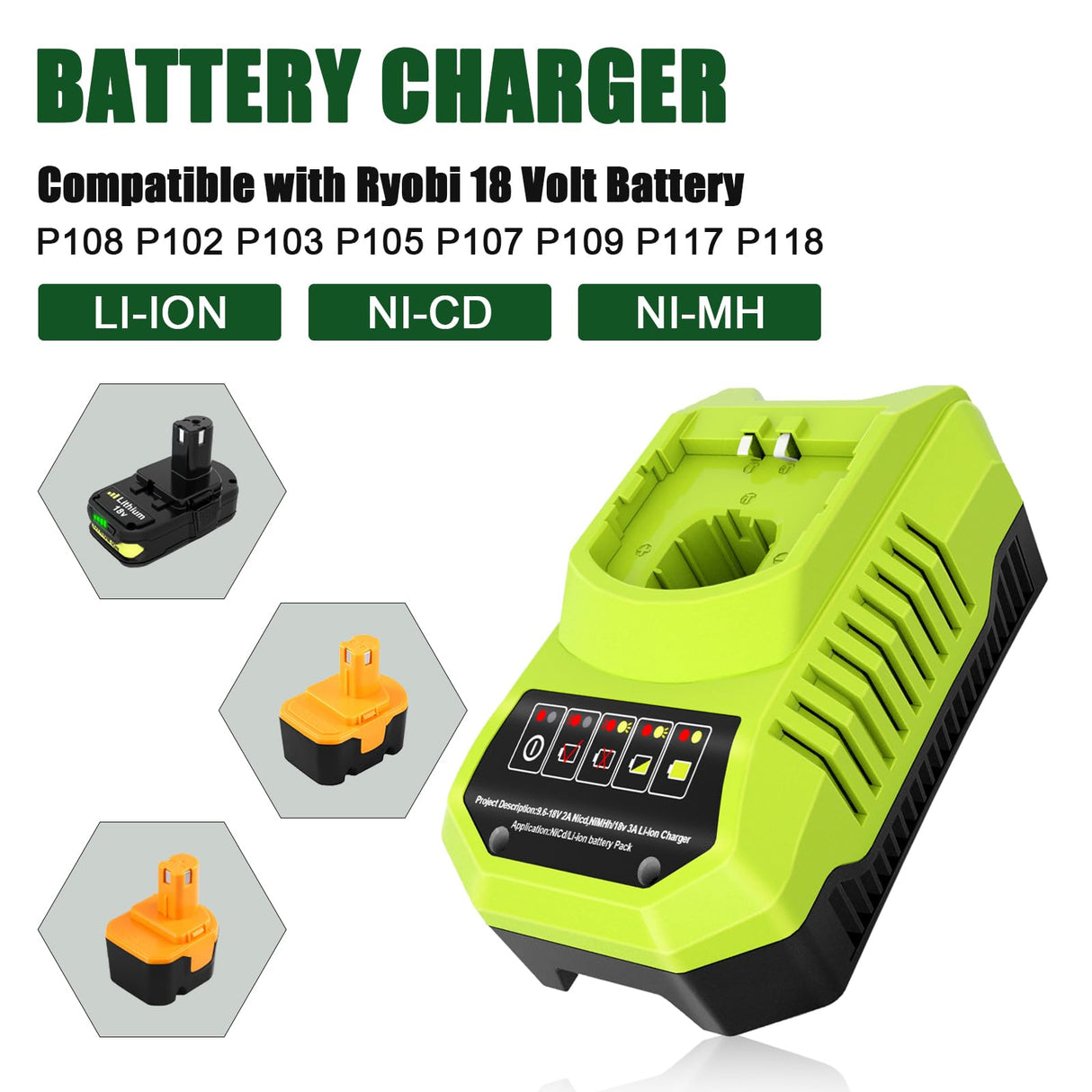 TOPBATT 2Pack P108 P102 3.0Ah Replacement for Ryobi 18V Battery and P117 Charger Combo Compatible with Ryobi 18 Volt Battery P103 P104 P105 P107 P109 P190 P191 P122 Cordless Tool TOPBATT